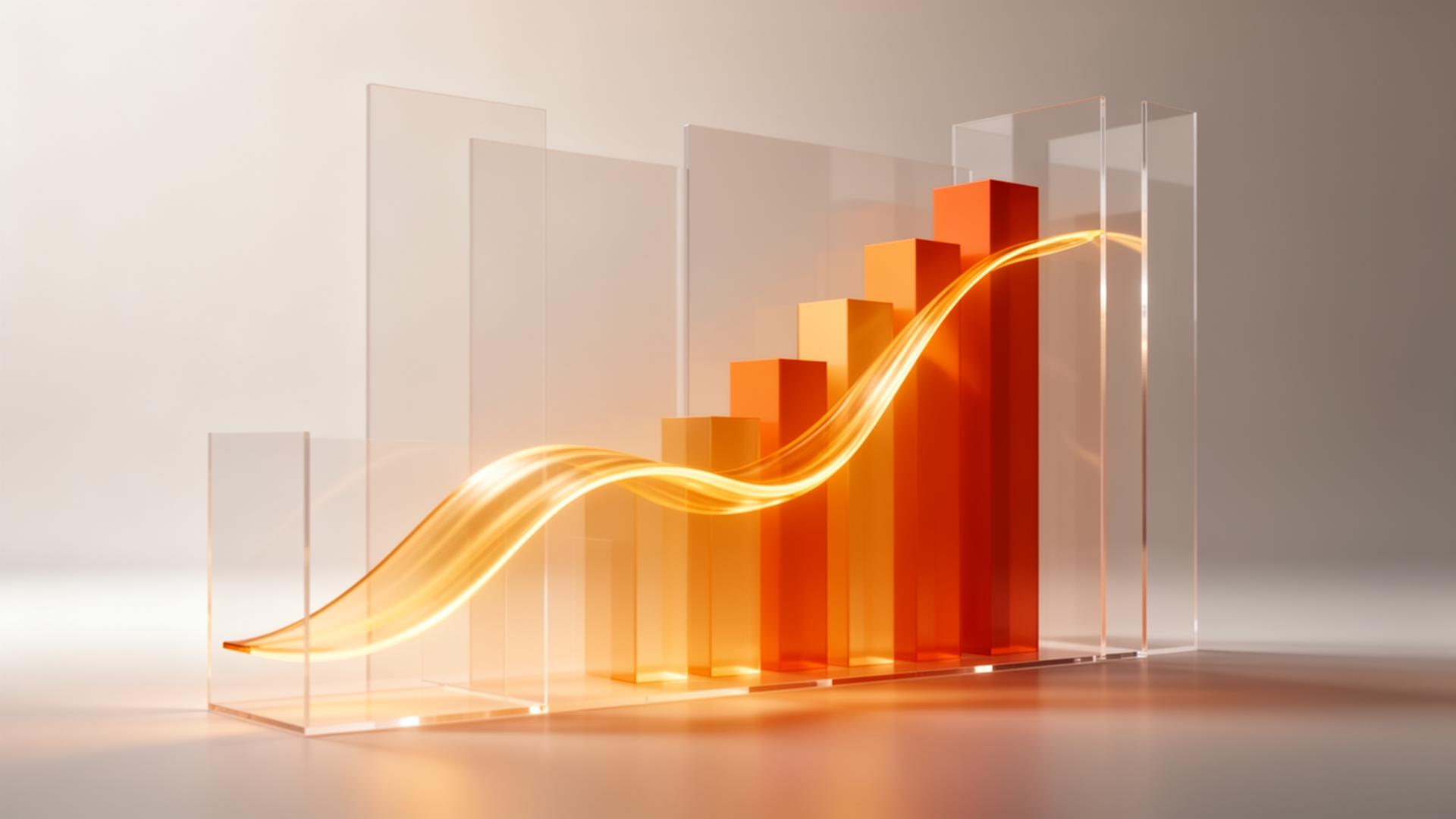 Amber light wave rising as a 3D growth curve through translucent glass forms