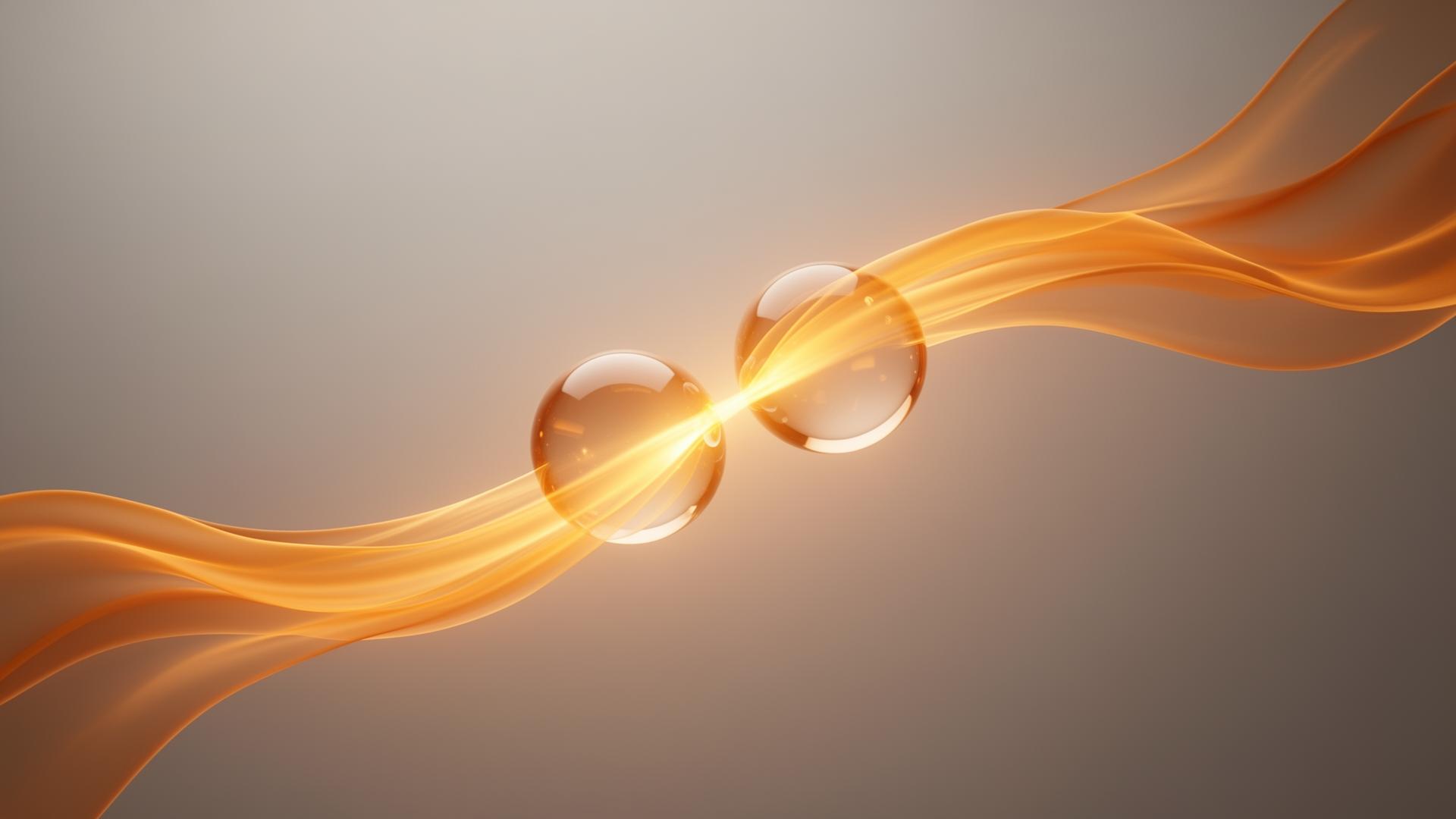 Two amber-lit translucent orbs converging in warm space