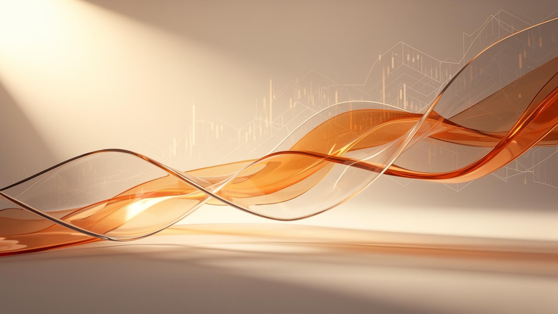 Abstract amber light ribbons flowing through a warm architectural space