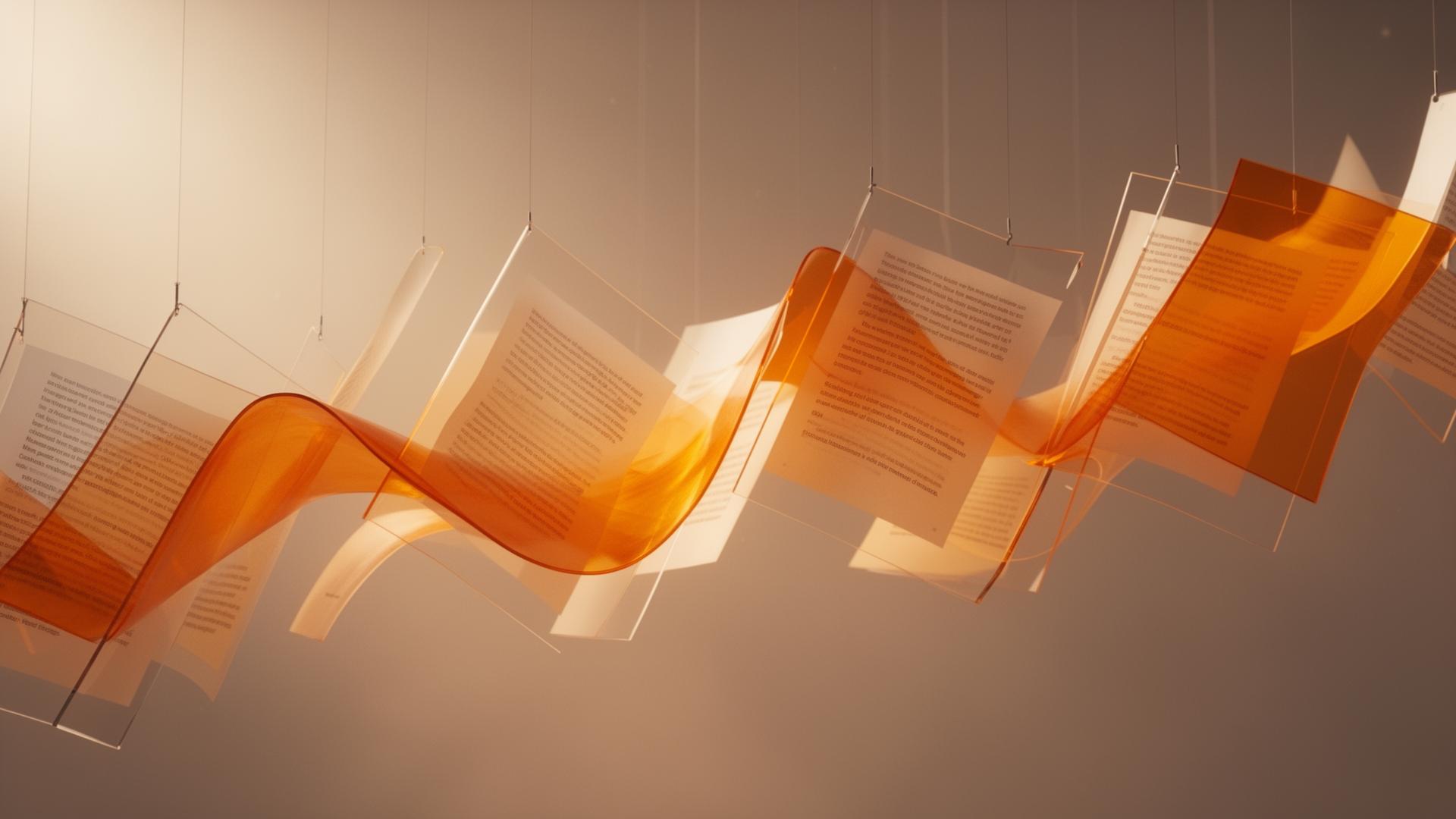 Translucent pages and amber light ribbons suspended in warm space