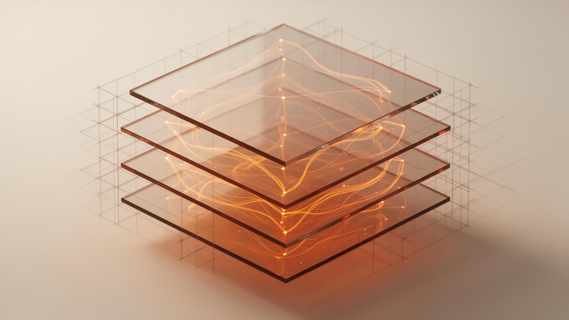 Stacked translucent glass planes connected by amber light filaments