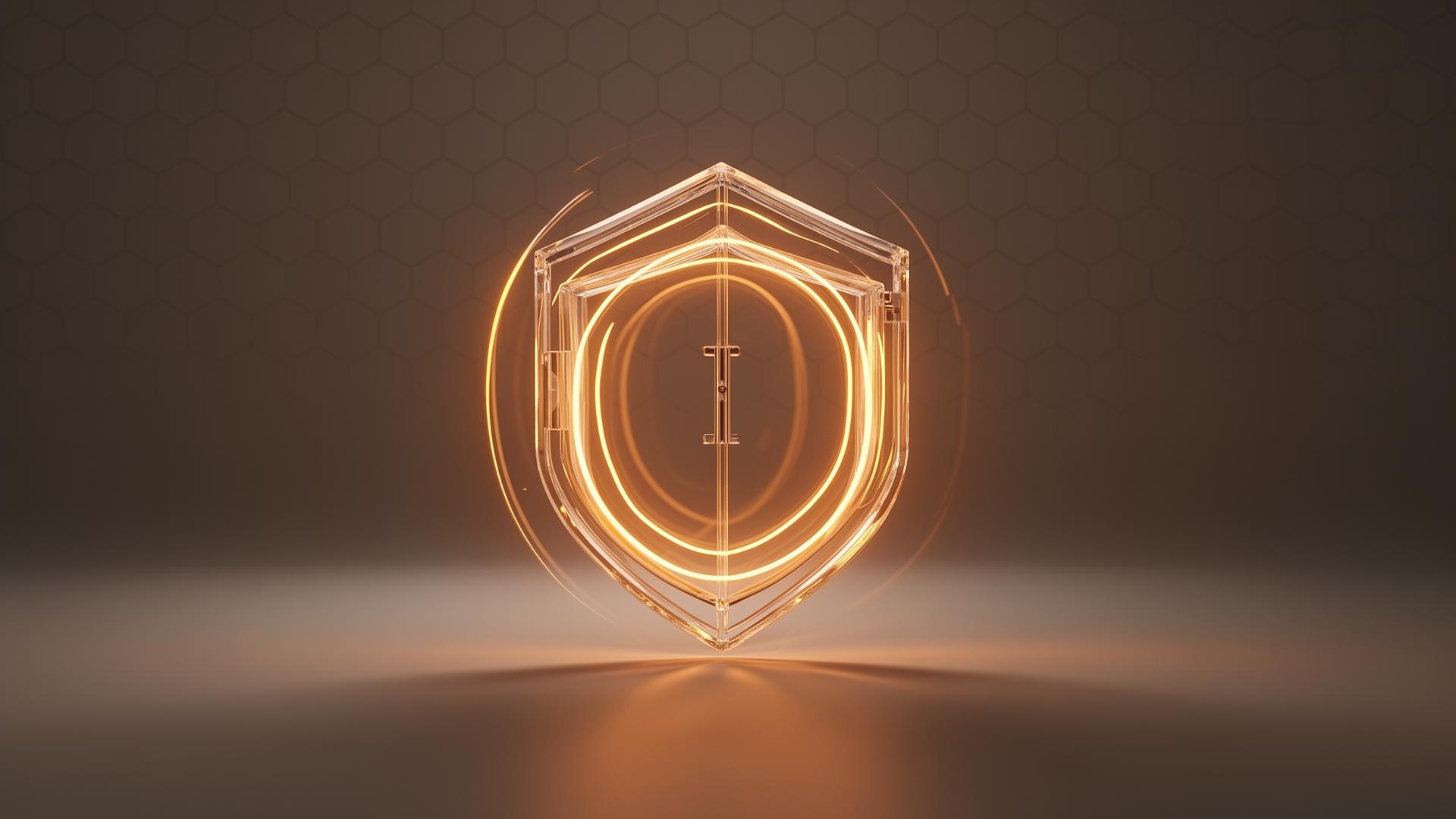 Glowing translucent shield form surrounded by concentric rings of amber light
